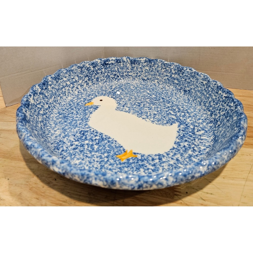 VTG 1971 Los Angeles Pottery Spongeware Pie Plate Goose Cottagecore Country 11" - Picture 4 of 7